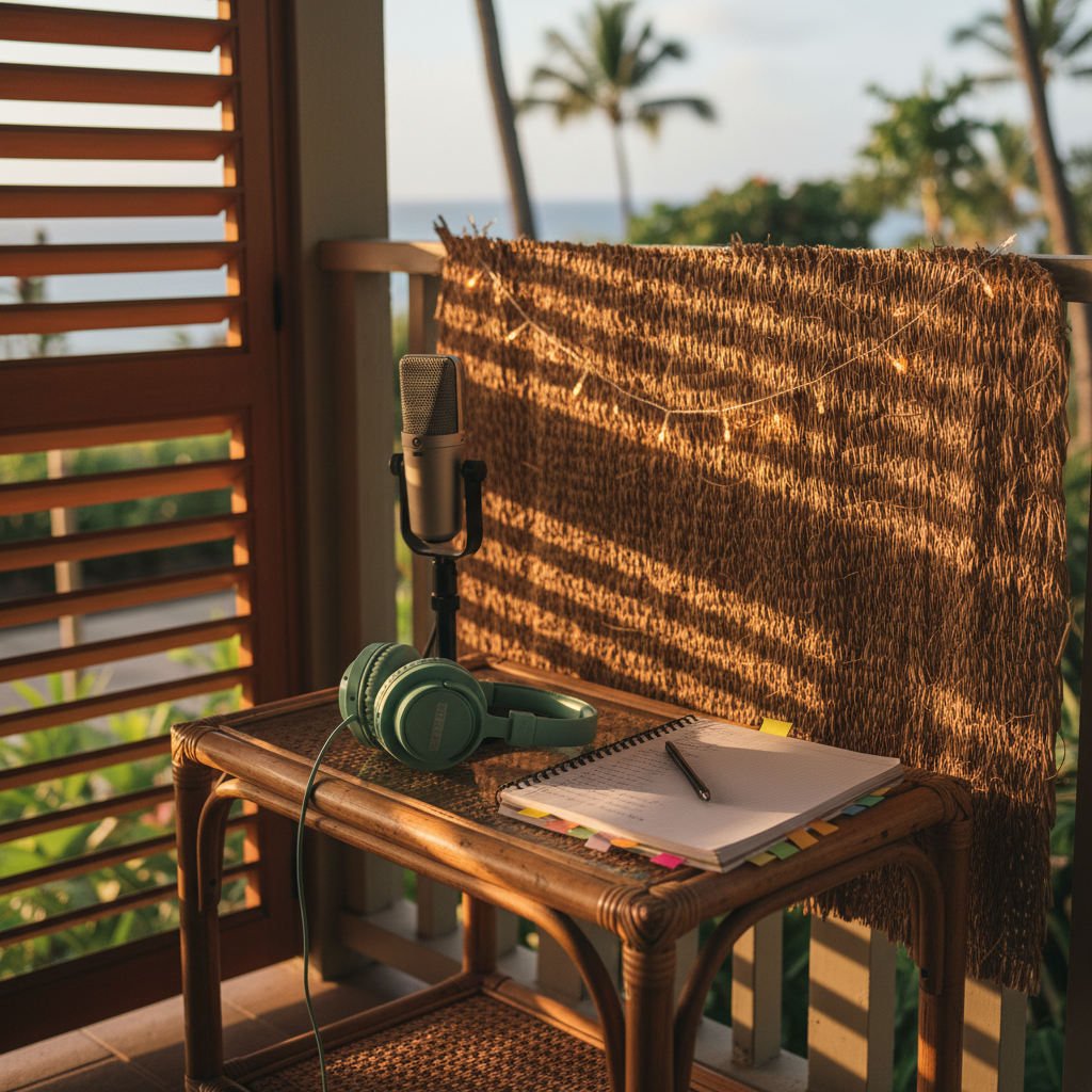 A cozy Hawaiian-style recording nook built in a corner of an open-air lanai, featuring a simple rattan side table topped with a sleek silver podcast microphone, a pair of mint-green headphones, and a half-opened composition notebook filled with colorful sticky tabs. Behind the table, a woven lauhala mat hangs as a textured backdrop, with a small string of warm fairy lights draped loosely across it. Soft golden hour sunlight filters through slatted wooden blinds, creating playful stripes of light and shadow. Captured at eye level in photographic realism, with moderate depth of field, the scene feels intimate, relaxed, and welcoming—perfect for candid conversations about identity, parenting, and starting over.