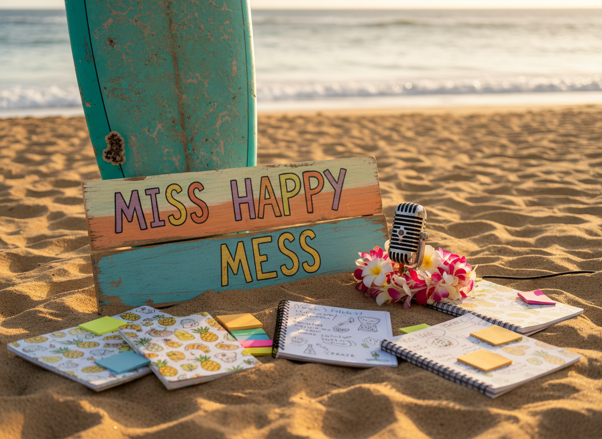 A vibrant flat lay of a weathered turquoise surfboard leaning against a sun-faded, hand-painted wooden sign that reads “Miss Happy Mess,” both resting on warm, golden sand. Around them, scattered spiral notebooks with doodled pineapples, colorful sticky notes, and a scuffed podcast microphone wrapped in a lei of plumeria flowers suggest playful reinvention and experimentation. Late afternoon Hawaiian sunlight casts long, soft shadows and a gentle golden glow, making the ocean in the blurred background shimmer. Photographic realism with a shallow depth of field keeps the surfboard lettering crisp while the beach fades into creamy bokeh, creating an inviting, upbeat mood that hints at messy, joyful self-discovery.